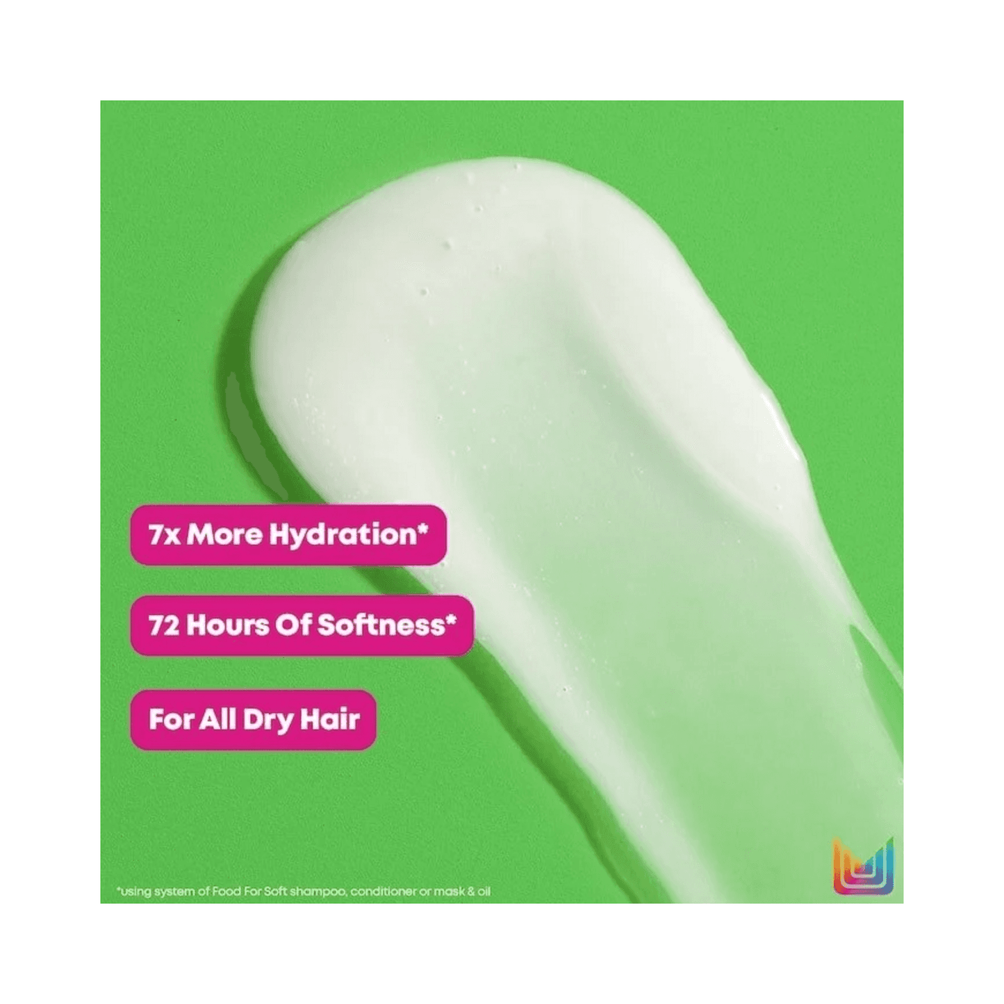 Matrix Food Hydrating Shampoo texture shown on green background with claims of 7x hydration and 72-hour softness for dry hair.