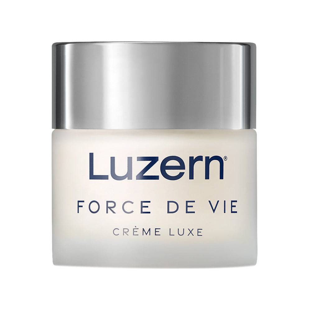 Luzern Creme Luxe - Anti-Aging Face Cream in a frosted jar with silver lid, designed to firm skin and improve elasticity for mature skin types.