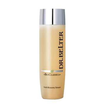 Facial toner bottle with silver cap and beige label