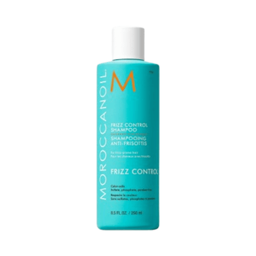Moroccanoil Frizz Control Shampoo bottle with teal packaging, designed for frizz control and humidity protection in hair care routines.
