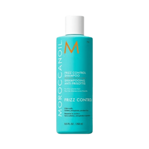 Moroccanoil Frizz Control Shampoo bottle with teal packaging, designed for frizz control and humidity protection in hair care routines.