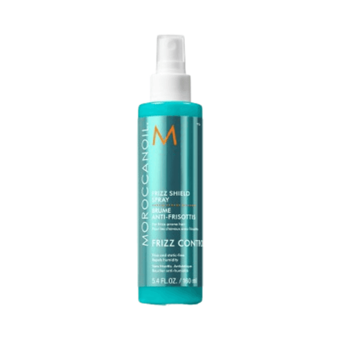 Moroccanoil Frizz Shield Spray bottle in turquoise packaging, a hair treatment for frizz control and long-lasting humidity protection.