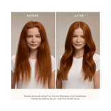 Before and after results on straight red hair using Moroccanoil Frizz Shield Spray, showing smoother, shinier, frizz-free hair.