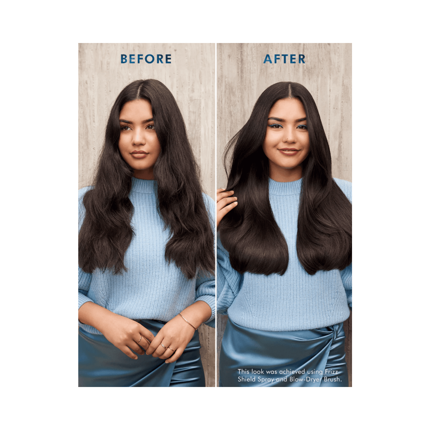 Before and after transformation of long dark hair using Moroccanoil Frizz Shield Spray and Blow Dryer Brush, showing sleek, smooth results.