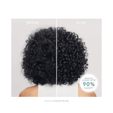 Before and after comparison of curly hair treated with Moroccanoil Frizz Shield Spray, visibly reducing frizz and enhancing curl definition.