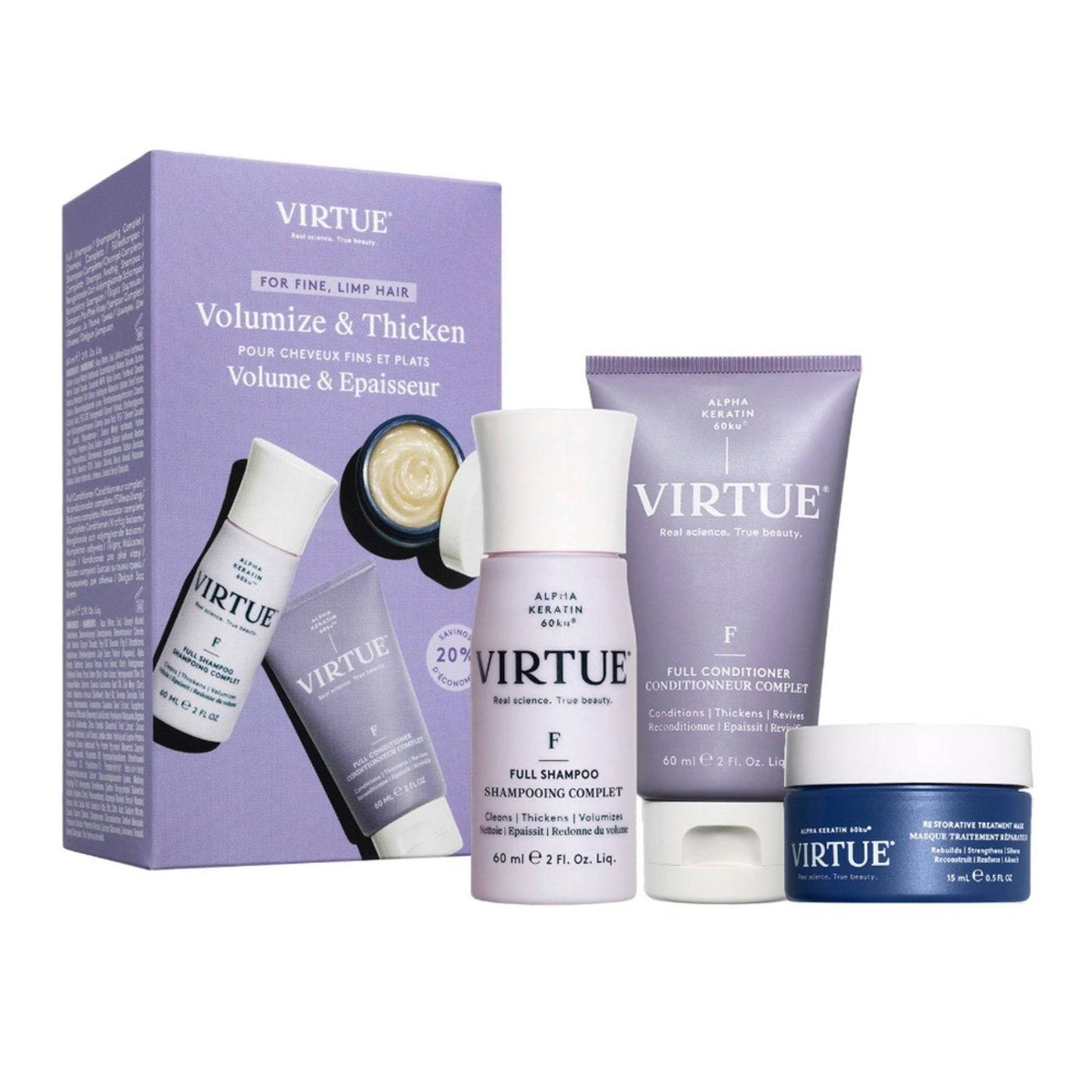 Virtue Full Discovery Kit - Hair Care Essentials with volumizing shampoo, conditioner, and mask for fine, limp hair. Ideal for travel or trial use.