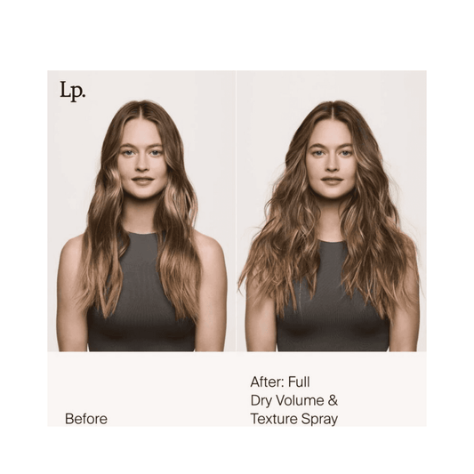 Before and after comparison using Full Dry Volume Spray shows enhanced hair volume and texture. Perfect for effortless, fuller hairstyles.