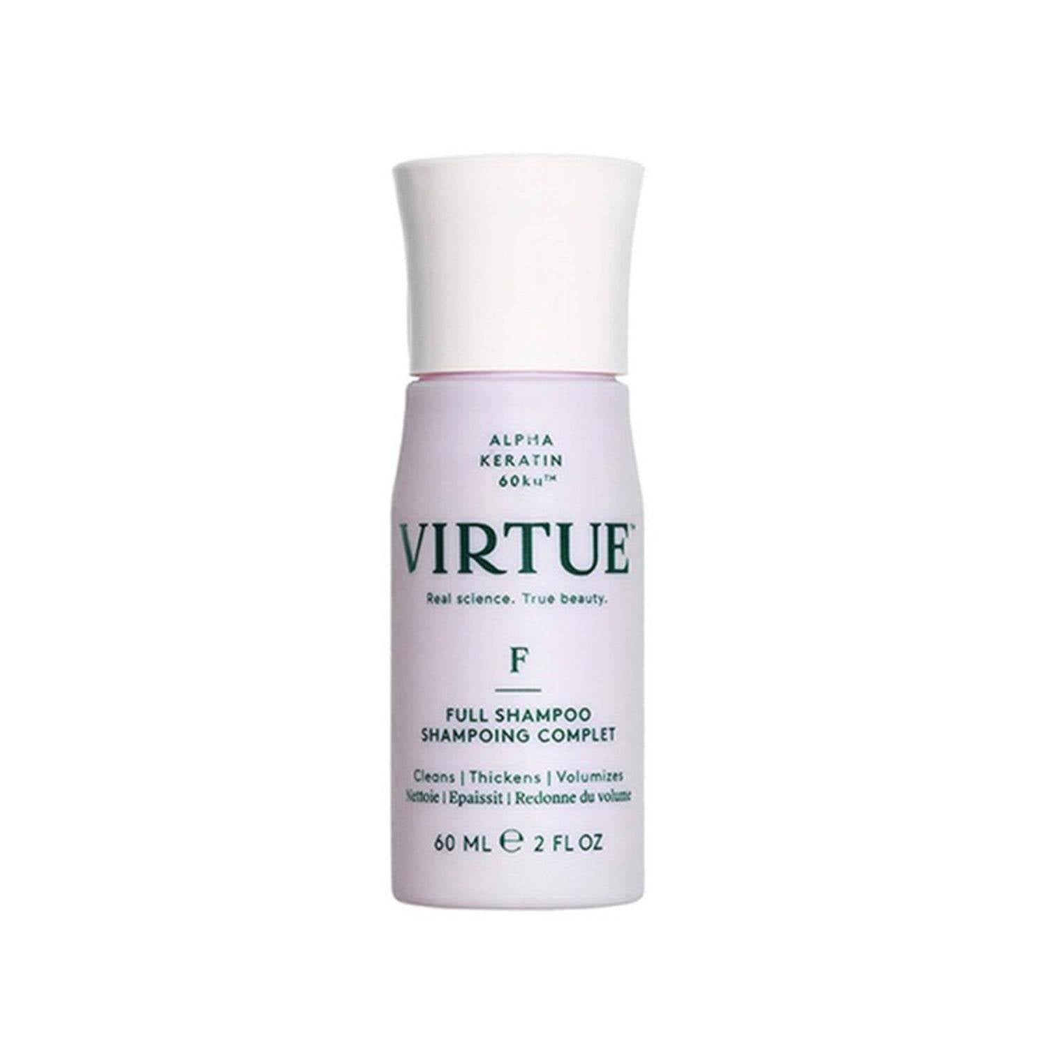 Virtue Full Shampoo 60ml travel size bottle with Volume Boost formula for fine hair. Ideal for cleansing, thickening, and volumizing hair.