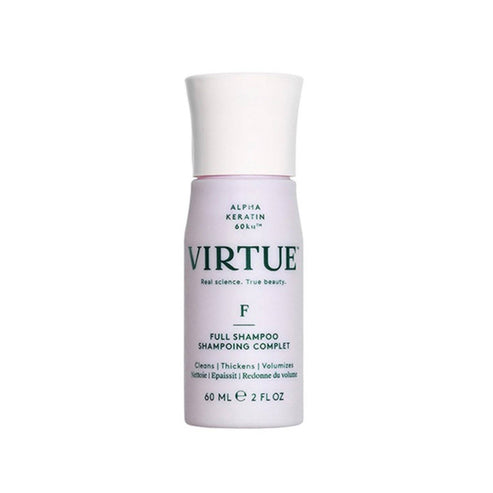 Virtue Full Shampoo 60ml travel size bottle with Volume Boost formula for fine hair. Ideal for cleansing, thickening, and volumizing hair.