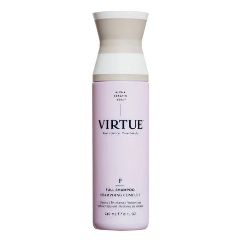 Virtue Full Shampoo 240ml full-size bottle with Volume Boost formula. Enhances hair volume and thickness for fine hair in daily hair care routine.