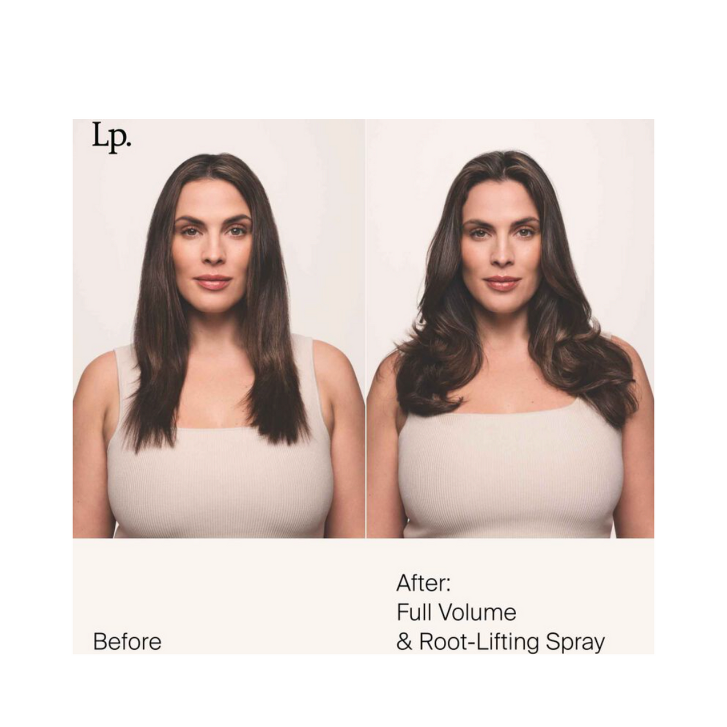 Before and after comparison of woman using Living Proof Root-Lifting Spray, showing enhanced volume and lift for fuller, bouncier hair.