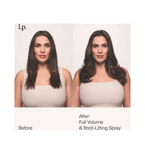 Before and after comparison of woman using Living Proof Root-Lifting Spray, showing enhanced volume and lift for fuller, bouncier hair.
