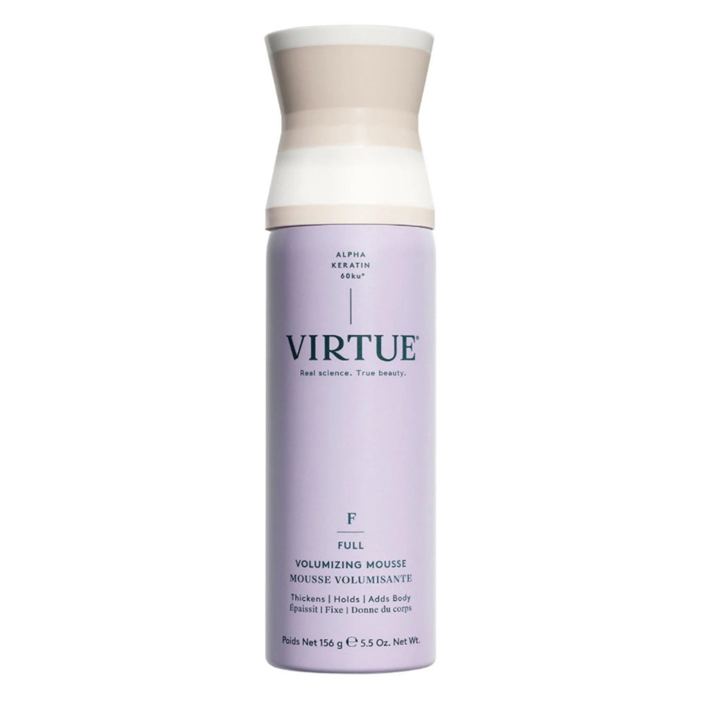 Virtue Full Volumizing Mousse for hair styling, boosts volume and thickness with lasting hold, ideal for fine or flat hair types.