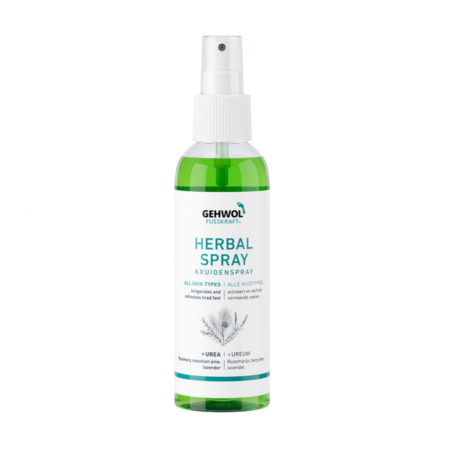 Gehwol Fusskraft Herbal Spray in a green bottle with white label, designed to invigorate and refresh feet using rosemary, lavender, and urea.