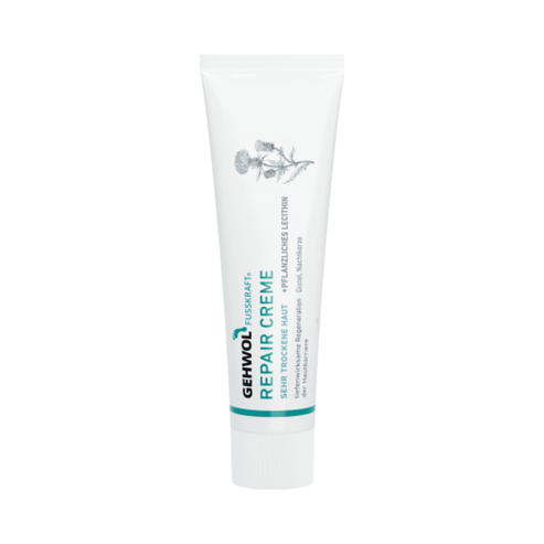 Gehwol Fusskraft Repair Creme tube for foot repair, enriched with plant lecithin to treat very dry skin. Ideal for intense foot care routines.