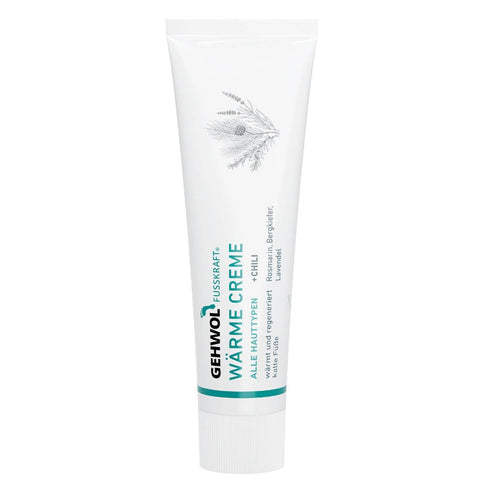 Gehwol Fusskraft Warming Cream in white tube packaging, designed to warm feet using natural ingredients like chili and ginger. Personal care essential.