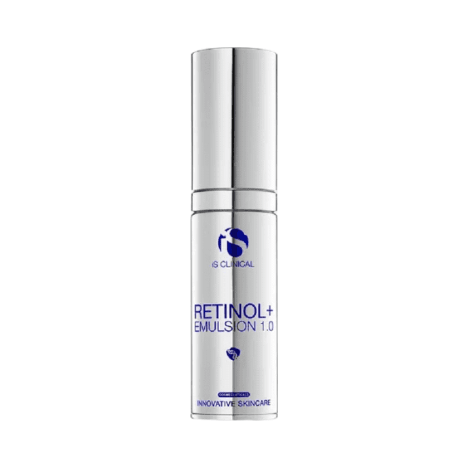 iS Clinical Retinol Cream - Maximum Strength Retinol in sleek silver pump bottle, ideal for resurfacing and treating fine lines and mature skin.