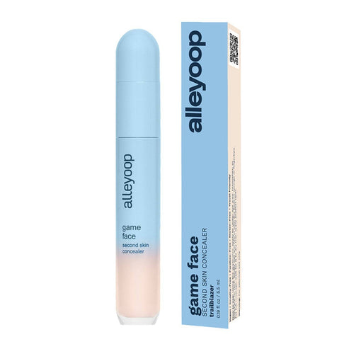 Alleyoop Game Face Second Skin Concealer with hydrating, crease-proof formula in sleek blue packaging, 5.5 ml size for flawless face makeup.