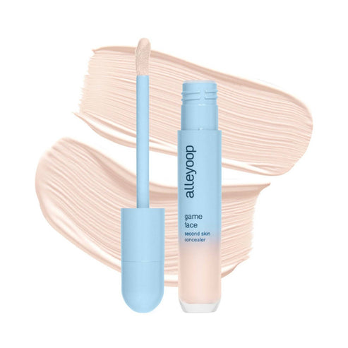 Alleyoop Game Face Concealer with applicator and creamy swatch, showcasing second skin texture and smooth blend for face makeup perfection.