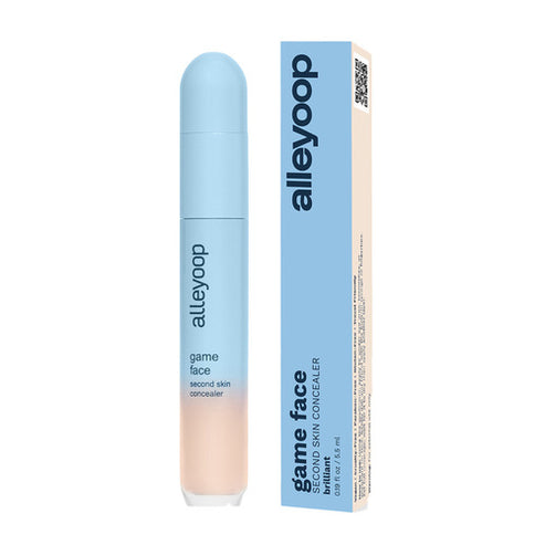 Alleyoop Game Face Second Skin Concealer in medium beige, boxed with blue cap, perfect for crease-proof and hydrating face coverage.