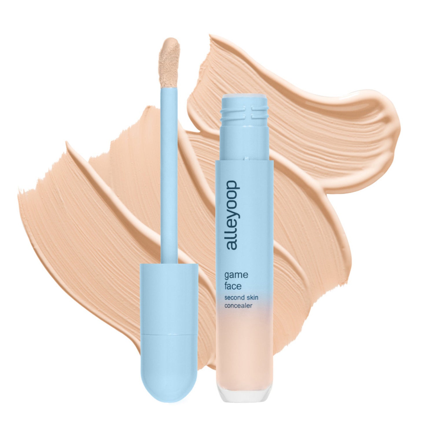 Alleyoop Game Face Concealer with applicator and warm beige swatch, ideal for second skin finish and long-lasting face makeup.