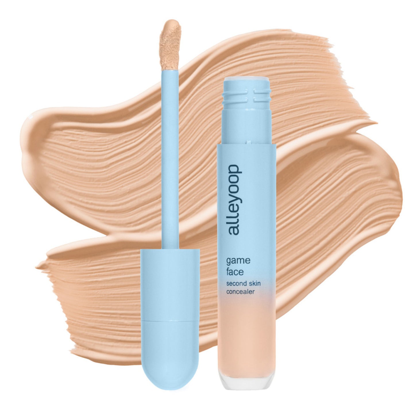Alleyoop Game Face Concealer with applicator and golden beige swatch, offering second skin texture and smooth face coverage.