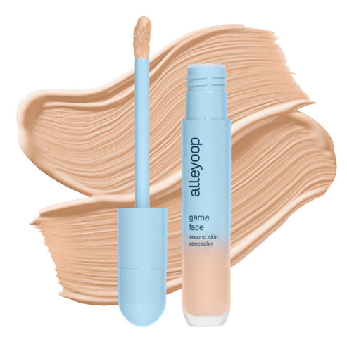 Alleyoop Game Face Concealer with applicator and golden beige swatch, offering second skin texture and smooth face coverage.