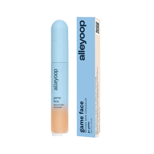 Alleyoop Game Face Second Skin Concealer in medium tan, boxed for hydrating and long-wear face makeup coverage.