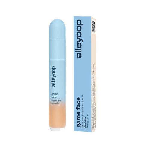 Alleyoop Game Face Second Skin Concealer in medium tan, boxed for hydrating and long-wear face makeup coverage.