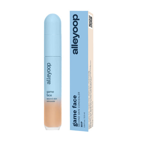 Alleyoop Game Face Second Skin Concealer in deep tan, boxed and ideal for crease-proof, hydrating face makeup application.