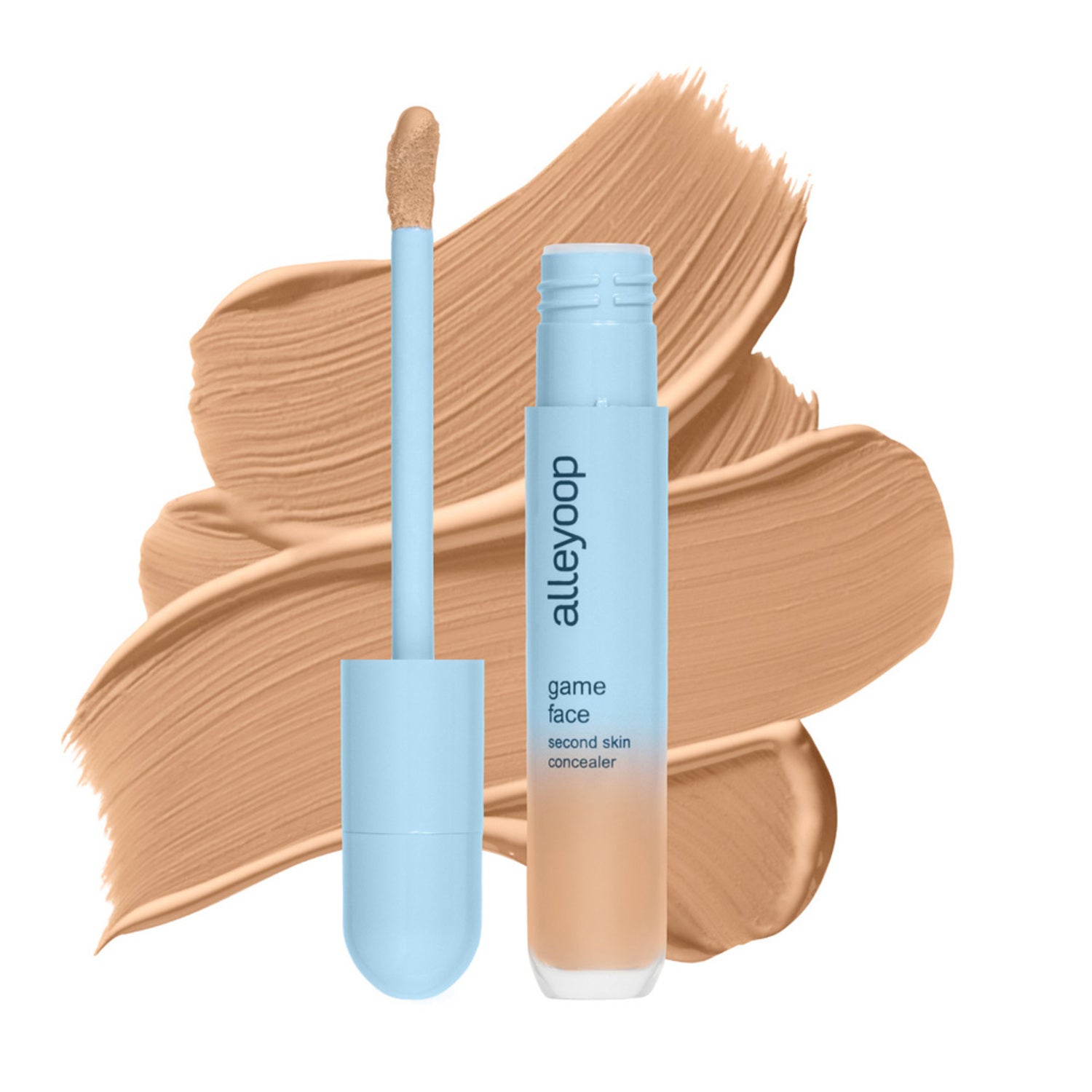 Alleyoop Game Face Concealer with applicator and deep tan swatch, offering second skin coverage and smooth face finish.