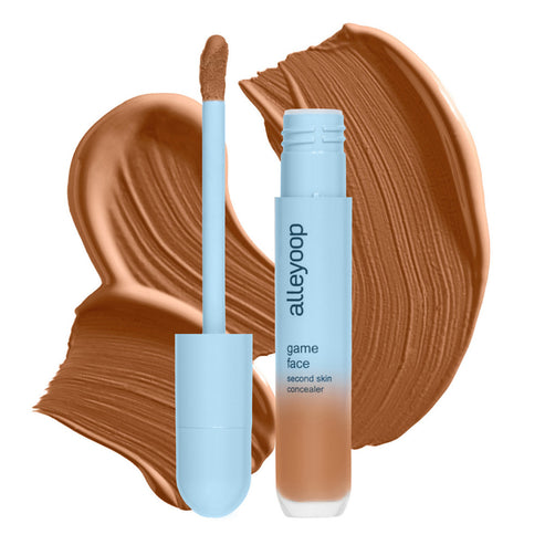 Alleyoop Game Face Concealer with applicator and rich brown swatch, providing smooth, second skin coverage for face makeup.