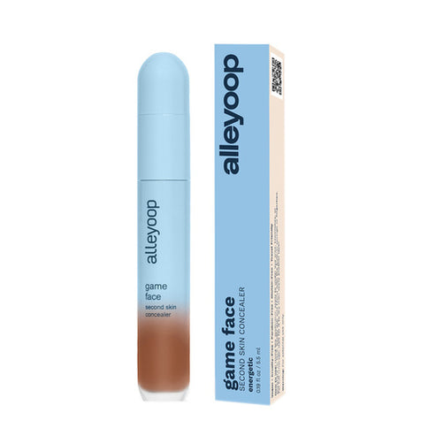 Alleyoop Game Face Second Skin Concealer in deep espresso, boxed and formulated for hydrating, crease-proof face makeup.