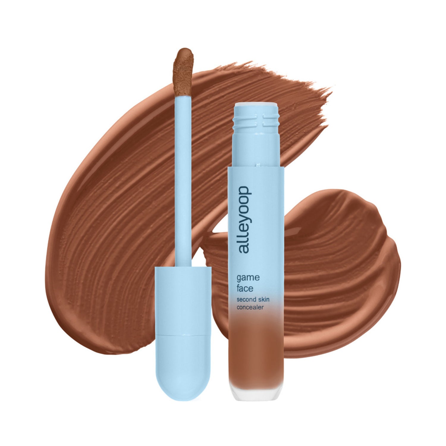 Alleyoop Game Face Concealer with applicator and espresso swatch, designed for smooth, second skin finish and flawless face makeup.