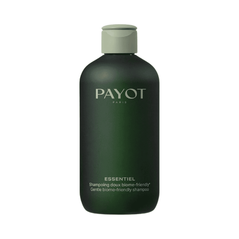 Payot Gentle Biome-Friendly Shampoo in a sleek dark green bottle with light green cap, ideal for soft, shiny hair and scalp conditioning.