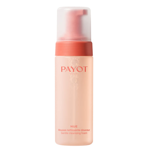 Payot Gentle Cleansing Foam in a soft pink pump bottle, designed for delicate skin. Natural formula removes impurities without drying.