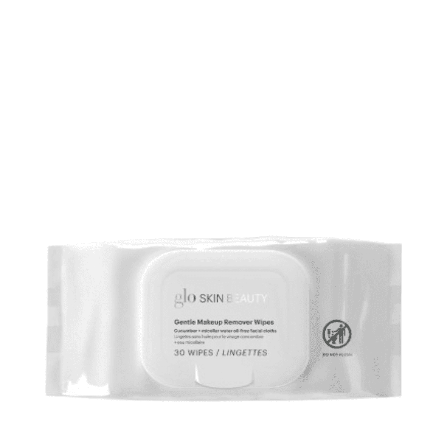 Glo Skin Makeup Remover Wipes pack with 30 biodegradable wipes for face and neck. Infused with aloe vera and chamomile for gentle cleansing.