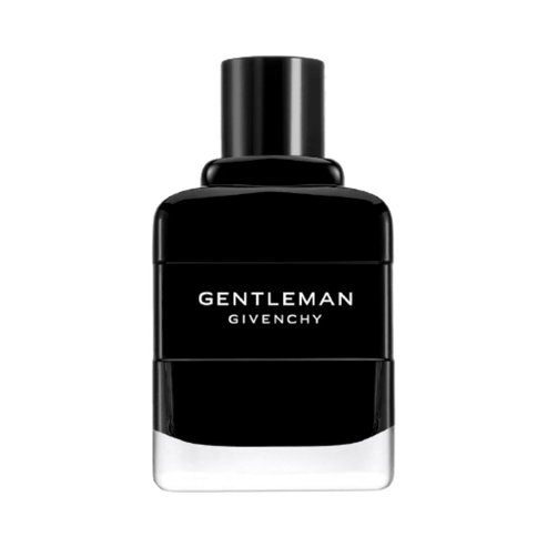 Givenchy Gentleman fragrance bottle in minimalist black, offering a refined scent with notes of iris, pepper, and vanilla for men.