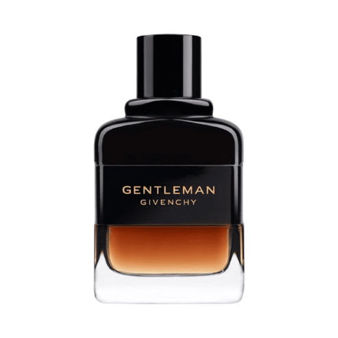Givenchy Gentleman Reserve Privee men's fragrance featuring a bold black cap and gradient amber hue, perfect for sophisticated scent lovers.