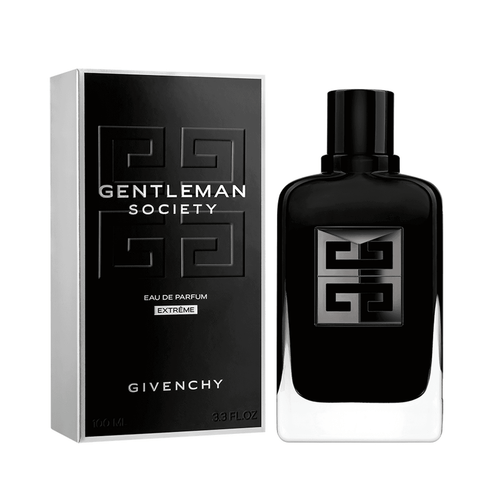 Givenchy Gentleman Society Extreme Eau de Parfum with branded packaging. A floral woody men's fragrance featuring daffodil and coffee notes.