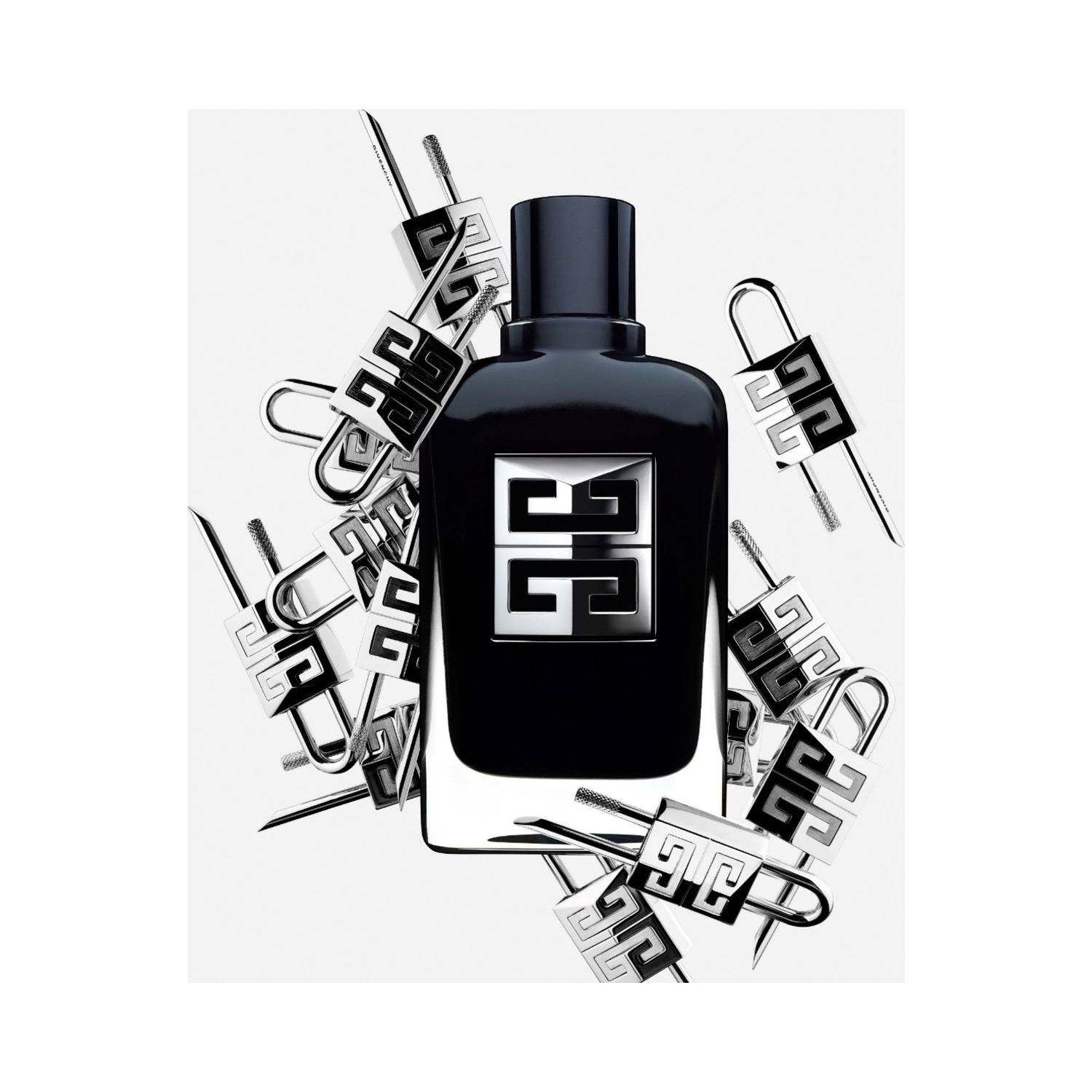 Givenchy Gentleman SOC bottle surrounded by silver Givenchy symbols, showcasing a bold scent for the stylish modern man.