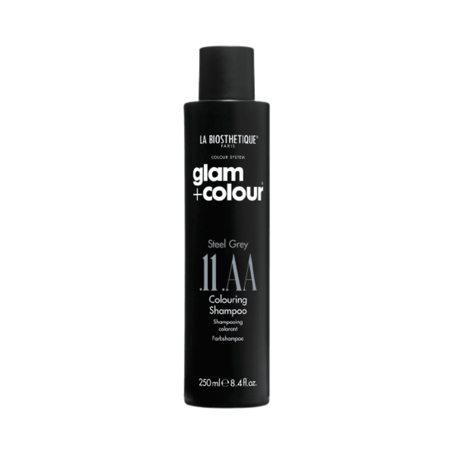 La Biosthetique Steel Grey Coloring Shampoo bottle for reviving grey tones. Sulphate-free formula enhances silver hues and neutralizes yellow.
