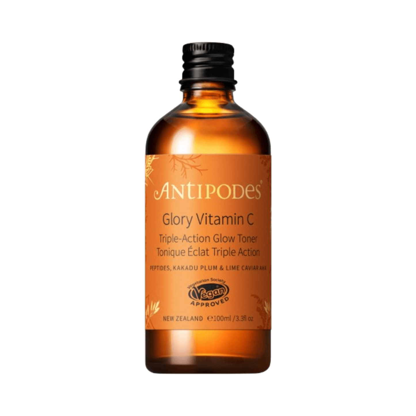 Antipodes Glow Toner - Radiant Complexion | Vitamin C Benefits in amber bottle. Facial toner with peptides, kakadu plum & lime caviar for glowing skin.