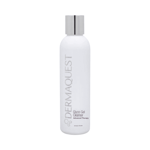 Dermaquest Glyco Gel Cleanser face wash in white packaging, formulated with glycolic acid for exfoliating and revitalizing skincare routines.