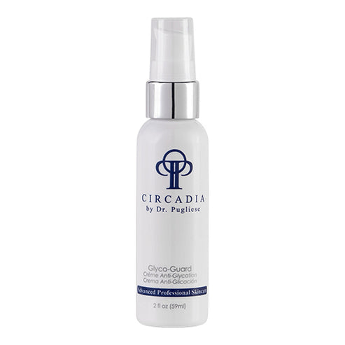 Circadia Glyco-Guard face serum in a 2 fl oz bottle with pump dispenser, designed to protect skin from glycation damage.