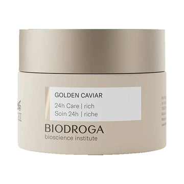 Biodroga Golden Caviar 24h Care Rich face cream in beige jar, designed for intensive skin nourishment with caviar extract and biotechnological actives.