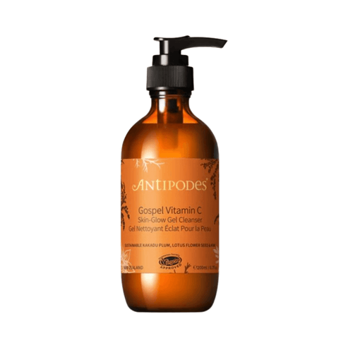 Antipodes Gospel Vitamin C Gel Cleanser in amber pump bottle for face and neck care. Revitalize your skin with this natural, BHA-infused face wash.