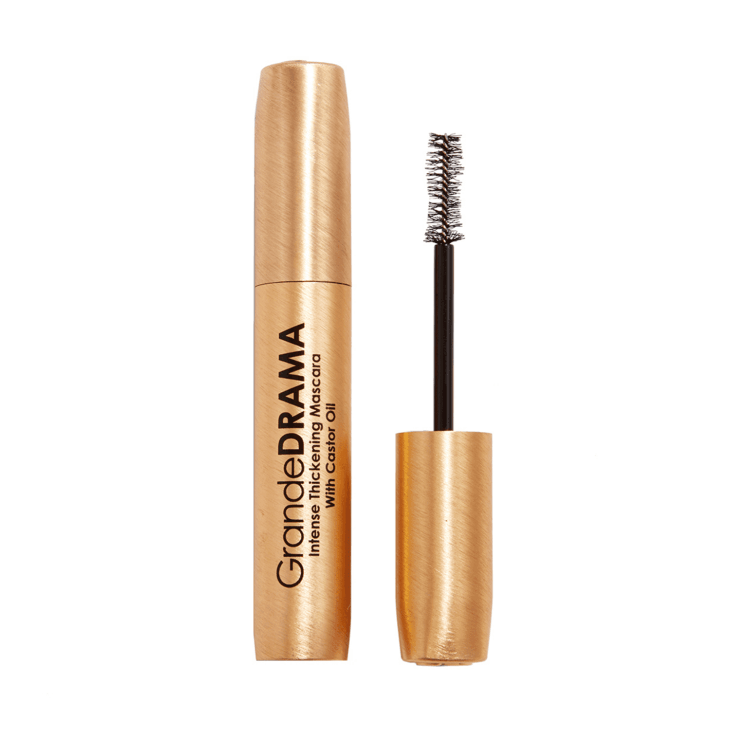 GrandeDRAMA Mascara - Intense Thickening with castor oil in a gold tube, wand open to show dense bristles for lush lash application.