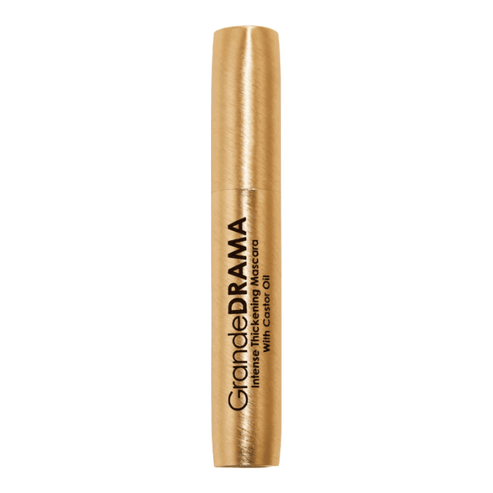 GrandeDRAMA Intense Thickening Mascara in sleek gold packaging, ideal for bold, voluminous lashes with nourishing castor oil.