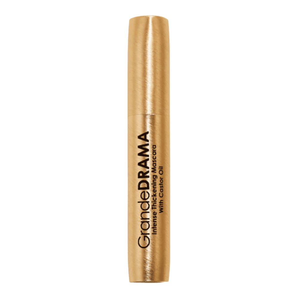 Closed gold tube of GrandeDRAMA Intense Thickening Mascara, perfect for enhancing lash density with nourishing ingredients.
